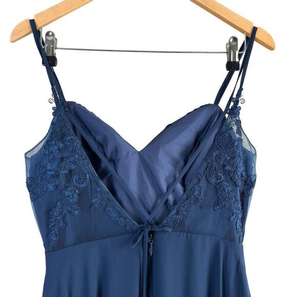 Azazie A-Line Pleated Chiffon Bridesmaid Dress Lace V Back in Navy Blue, Size A8 - Picture 10 of 13